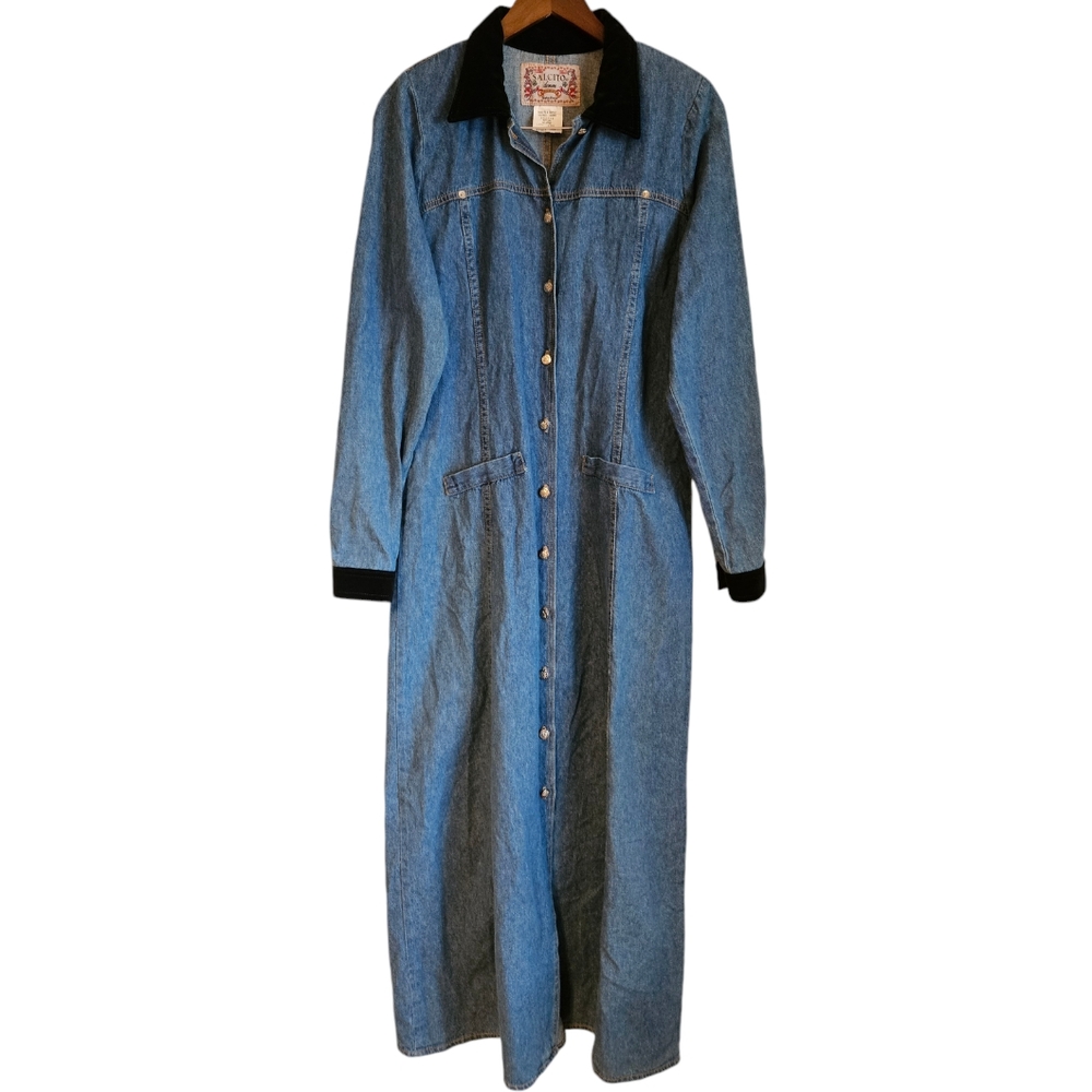 Salcito Blue Denim Button Up Velvet Trim 100% Cotton Long Sleeve Maxi Dress 10T
